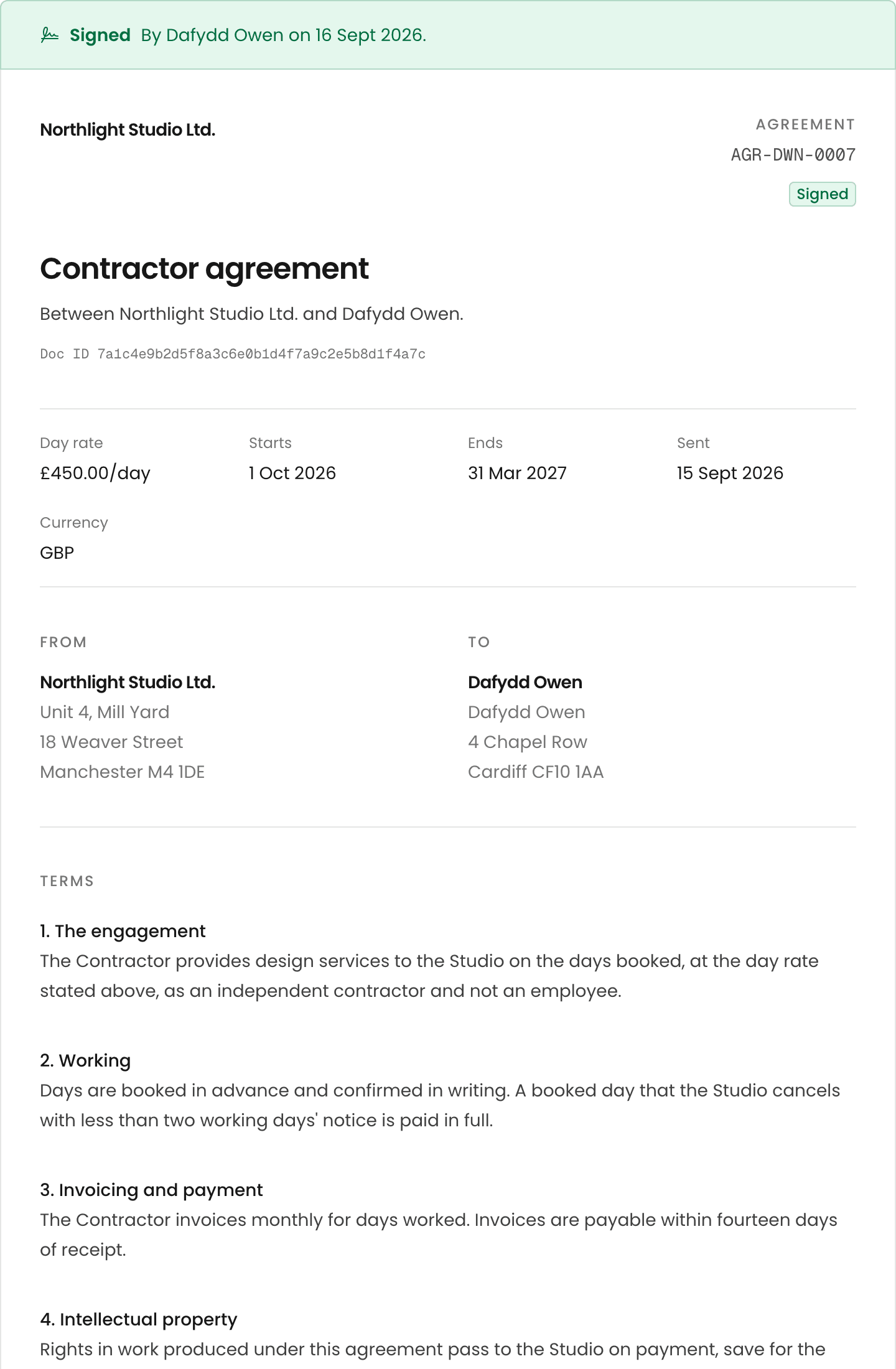 A signed contractor agreement: a green Signed band, the day rate, start and end dates, the parties and the numbered terms.