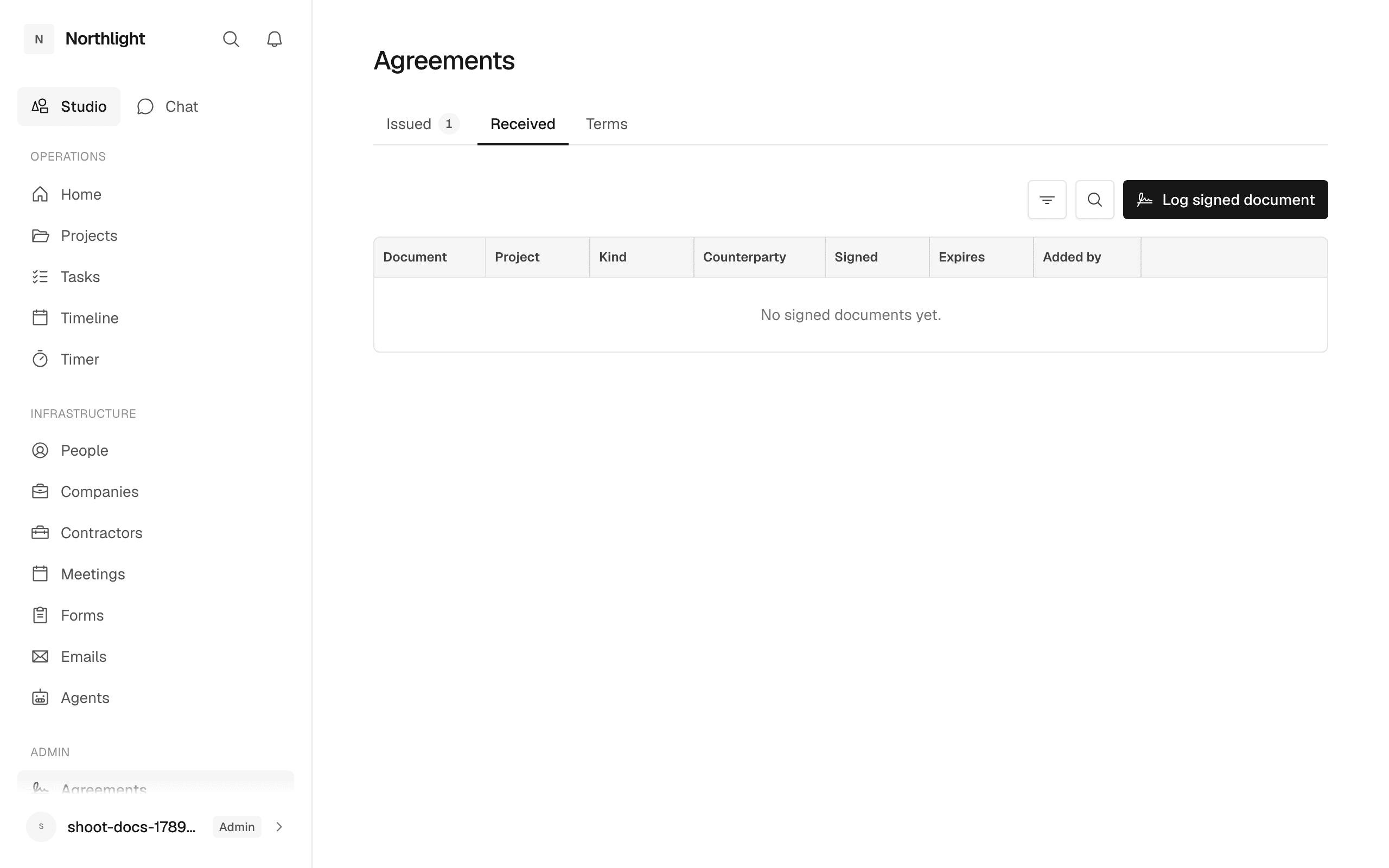 The Agreements tab narrowed to Theirs, with its Log received button and the received documents' project, counterparty, signing and expiry dates.