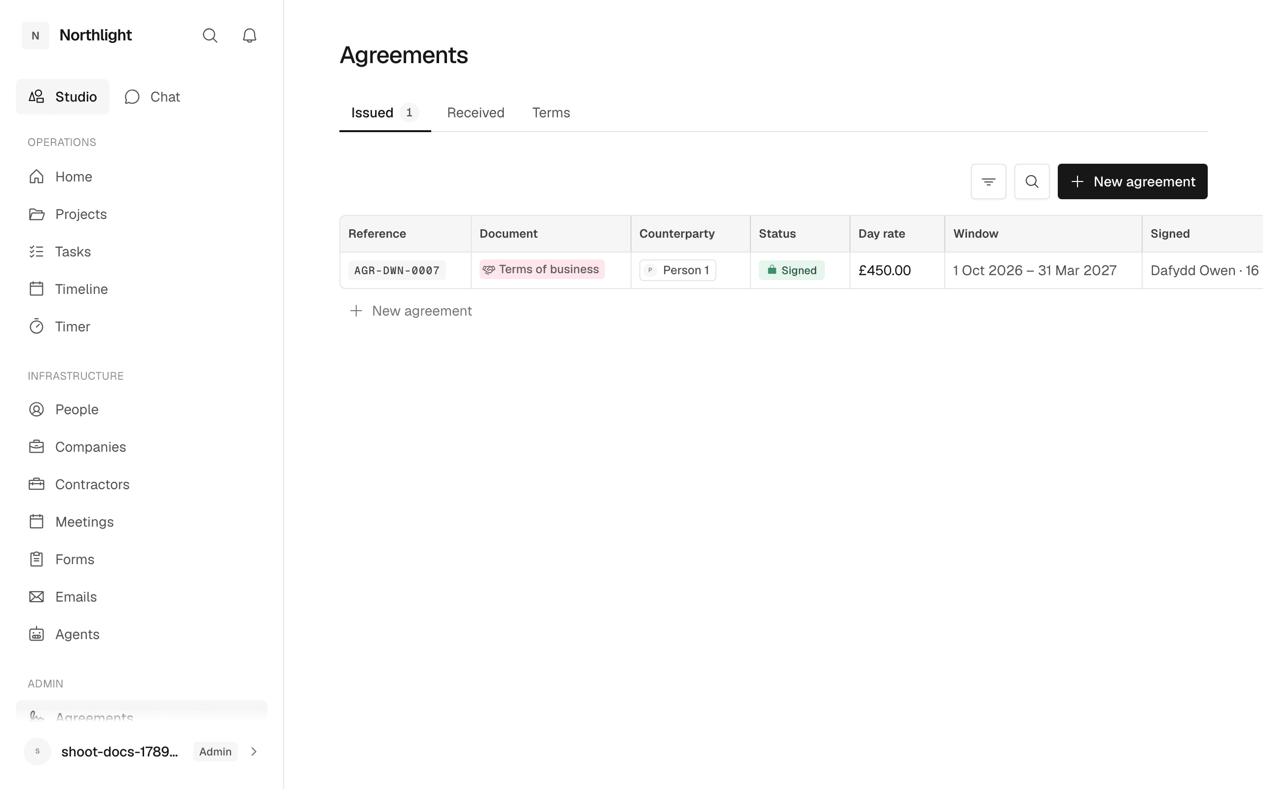 The Agreements tab narrowed to Ours, listing the studio's own agreements with their signing status.