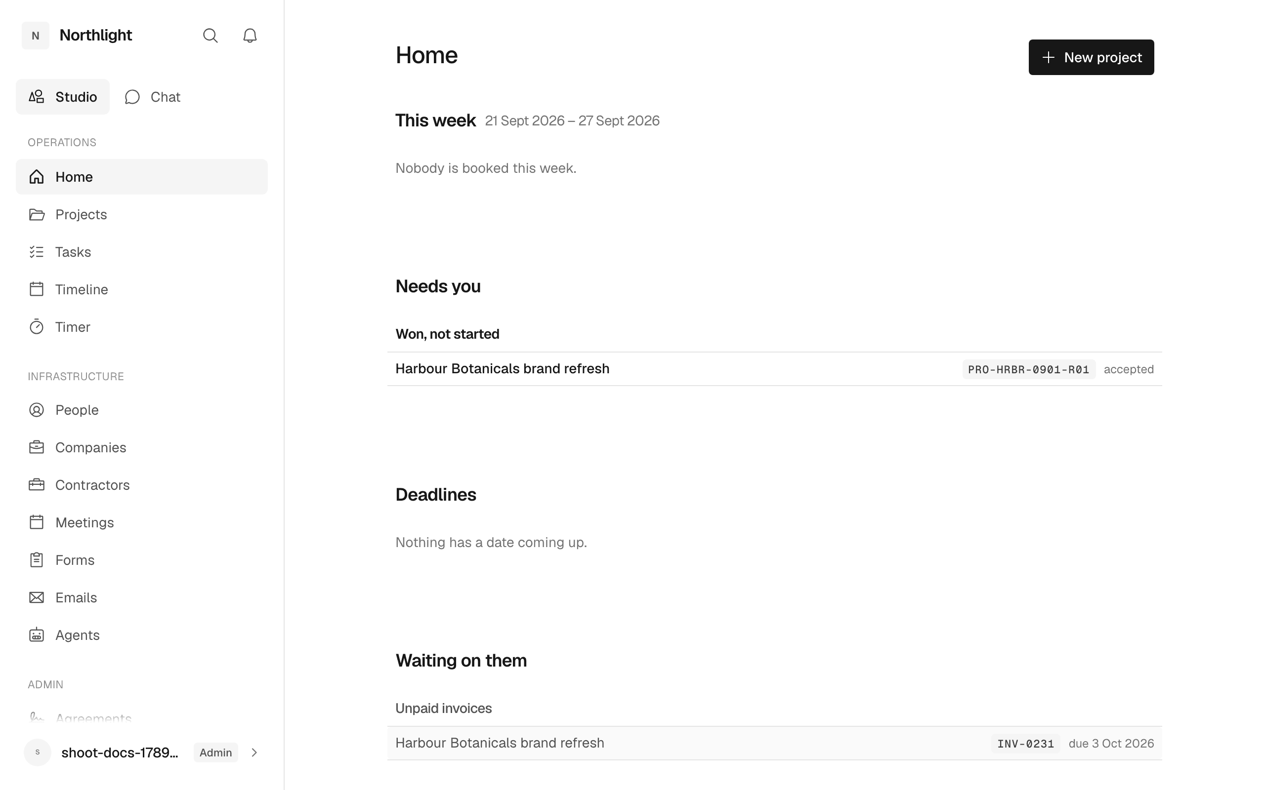 The admin Home page: This week, Needs you, Deadlines and Waiting on them, read top to bottom.