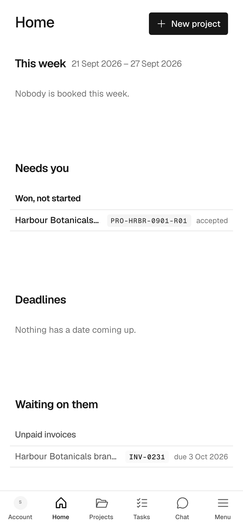 The rail on a phone becomes a bottom tab bar: Account, Home, Projects, Tasks, Chat and Menu.
