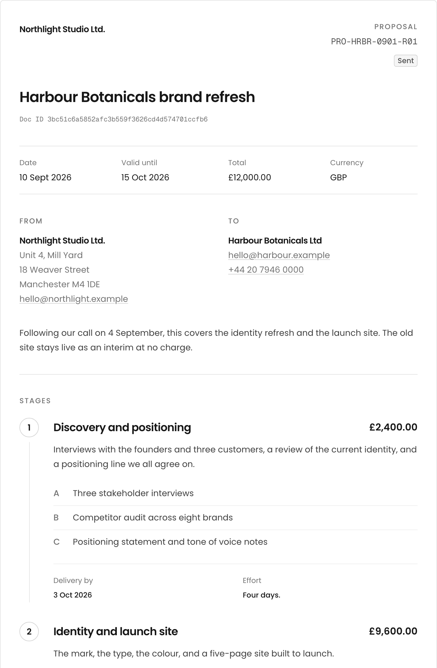 A sent proposal as the client sees it: letterhead, reference, dates and total, From and To, the intro note and the numbered stages.