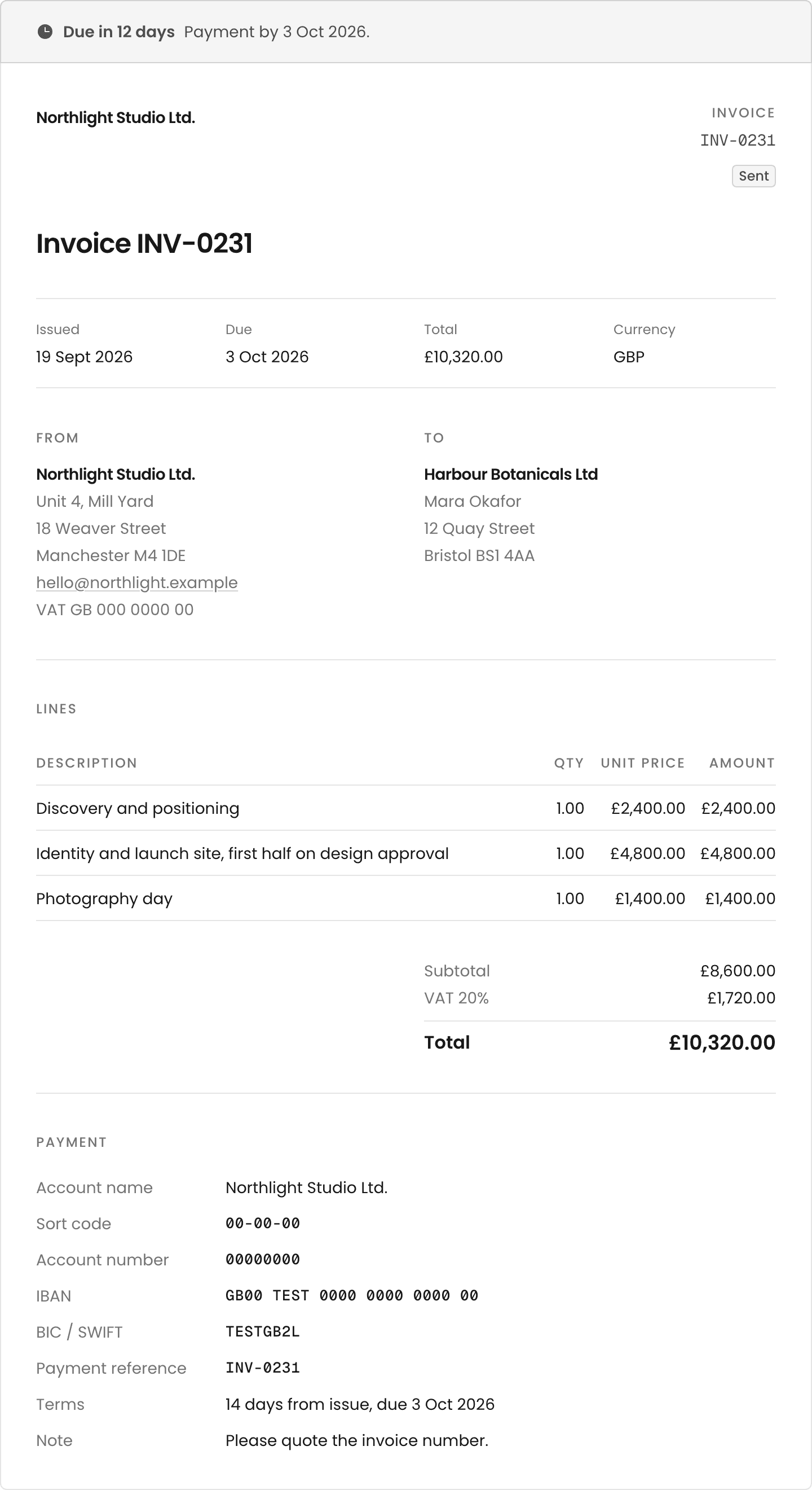An issued invoice as the client sees it: dates and total, From and To, the lines, the totals and the Payment details.