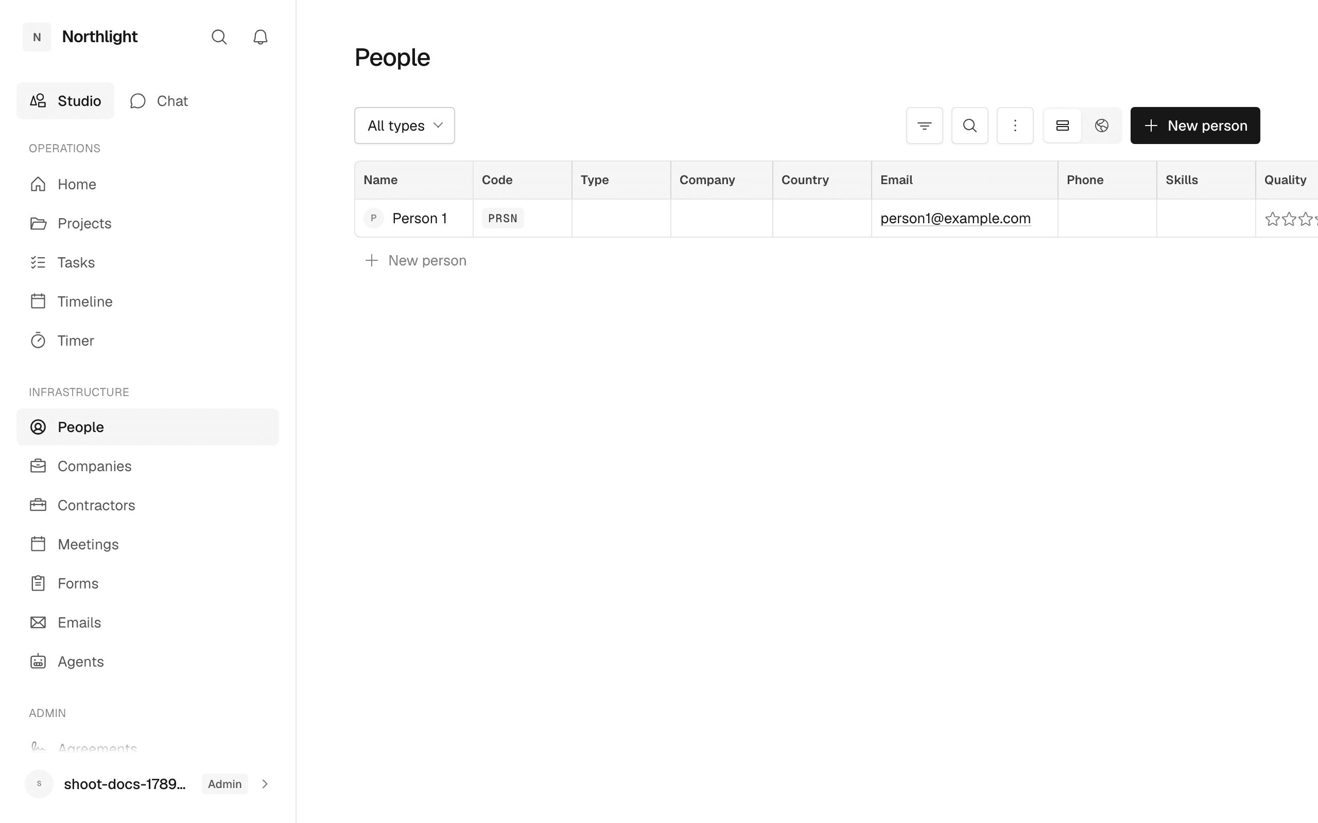The People register: a table of everyone the studio deals with, with a type filter and a New person button.