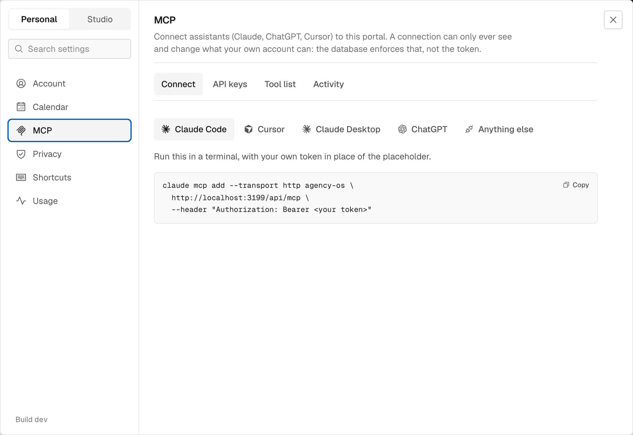 The Connect AI agent section of Settings on its Connect tab: pick an assistant and copy the command that connects it.